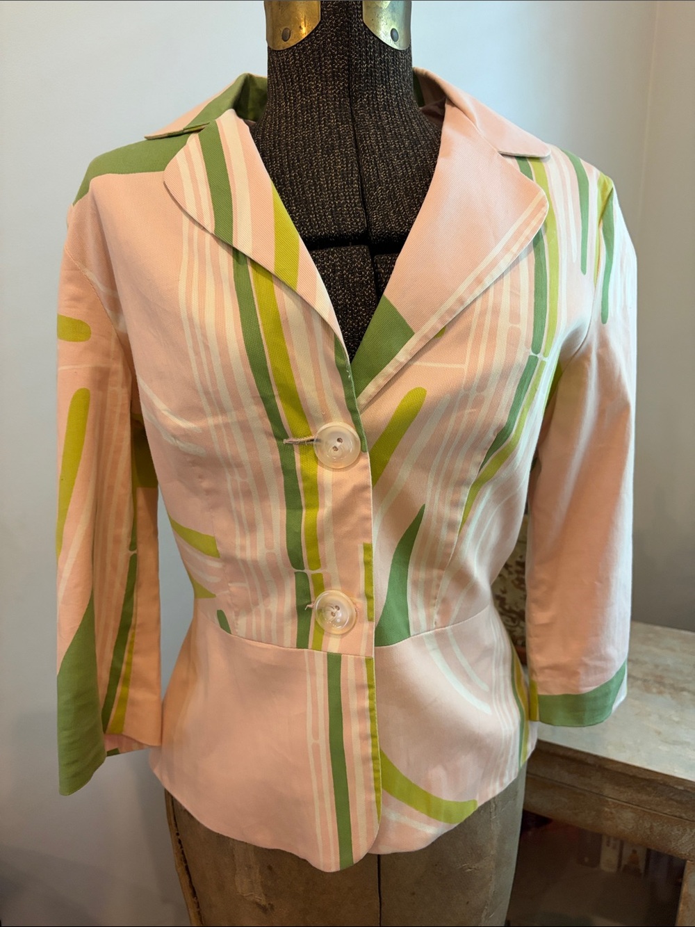 Wendy Hil Vintage Abstract Print Cotton Peplum Jacket Blazer Pink/Green Small